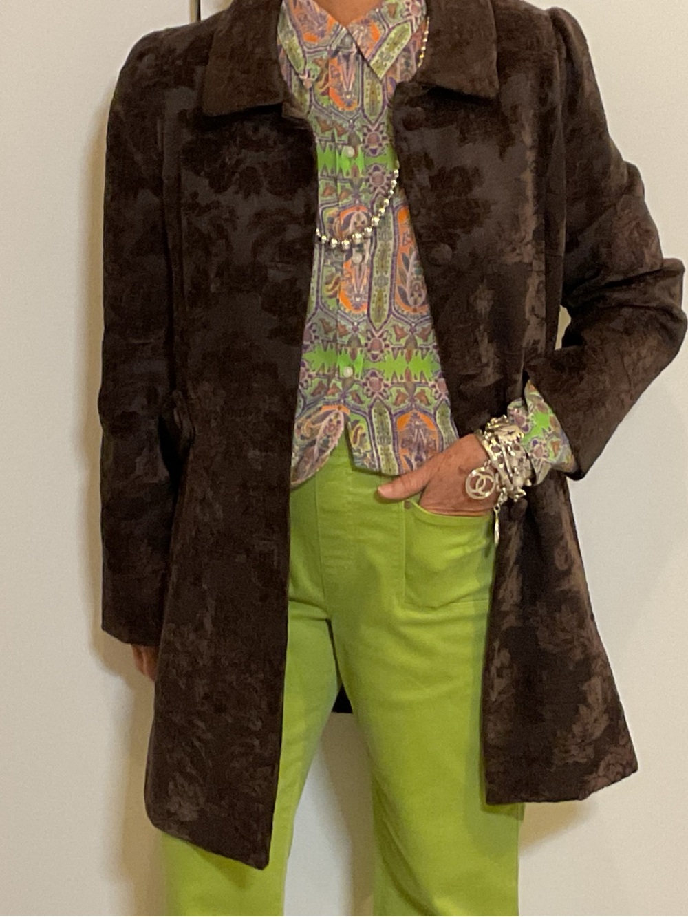 Boho Cool, “Vertigo Paris” Dark Brown Velvet Damask Coat VINTAGE NWOT